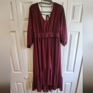 Xhilaration Burgandy Midi Boho 3/4 Sleeved High Low Dress